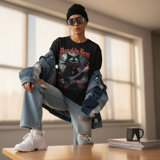 Metal Cat T-Shirt - Flaming Guitar Rocker Tee