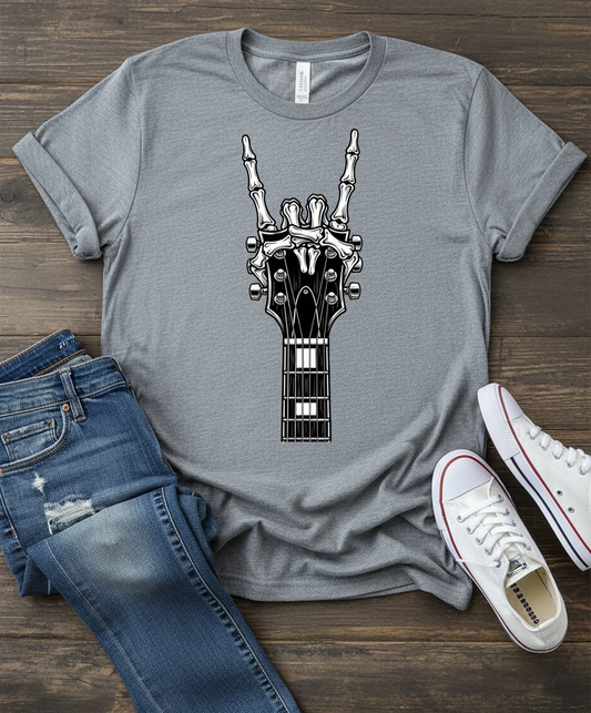 Rock Guitar Headstock Tee — Hand Sign Guitar Neck Graphic T-Shirt