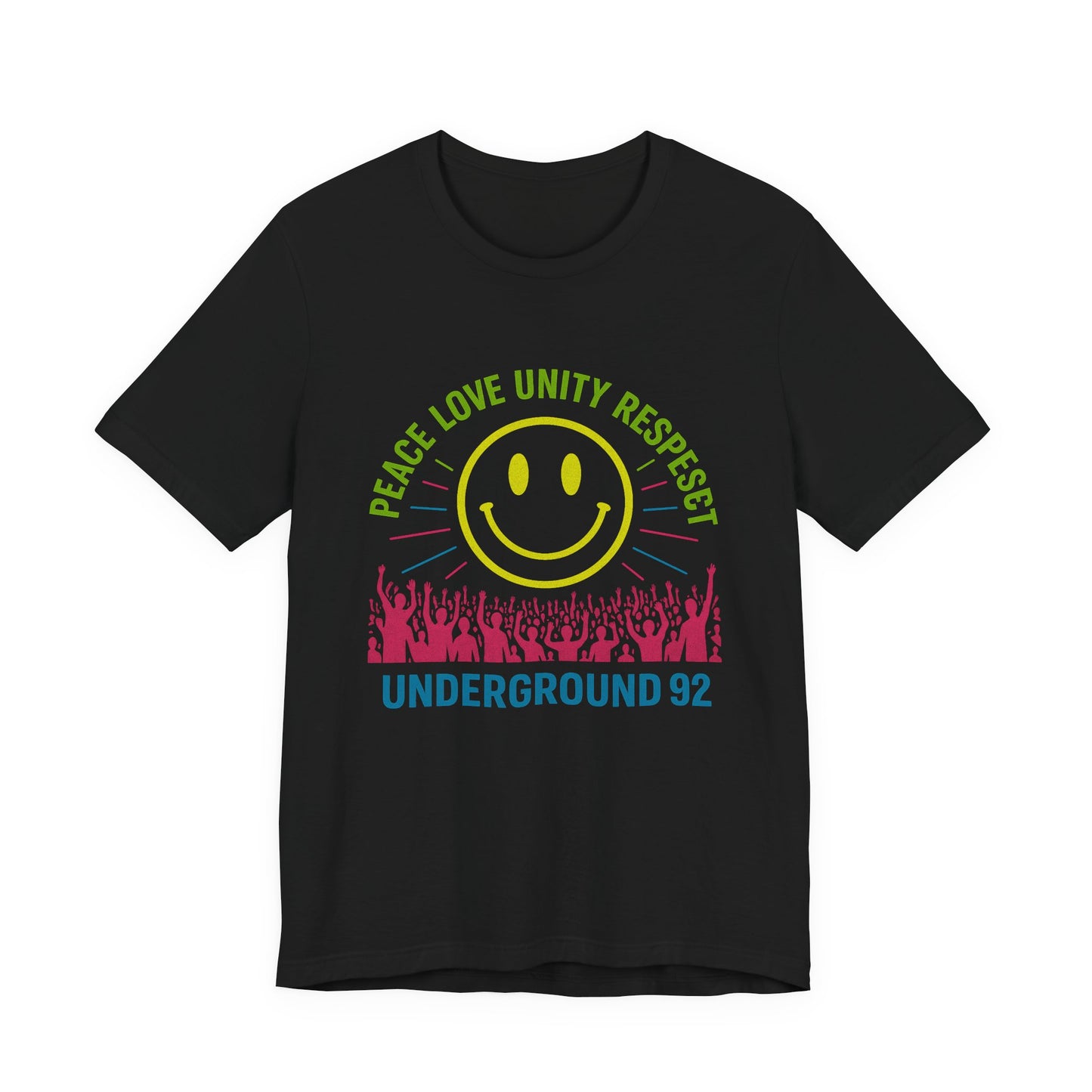 90s Rave Smiley Graphic Tee - Peace Love Unity Respect