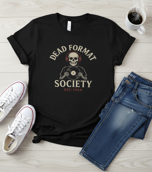Dead Format Society Tee - Skull Vinyl Record Gift