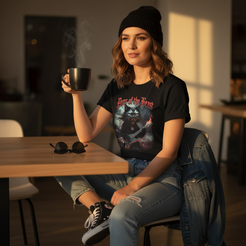 Metal Cat T-Shirt - Flaming Guitar Rocker Tee