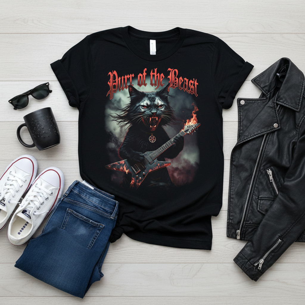 Metal Cat T-Shirt - Flaming Guitar Rocker Tee