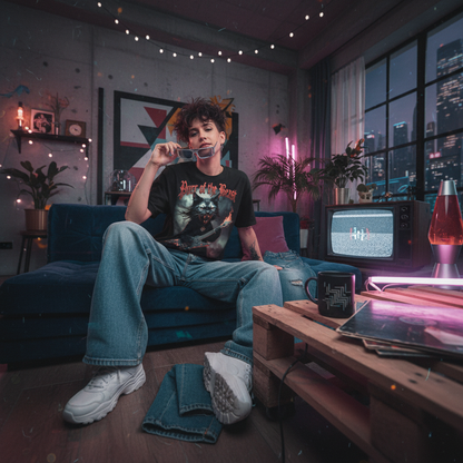 Metal Cat T-Shirt - Flaming Guitar Rocker Tee