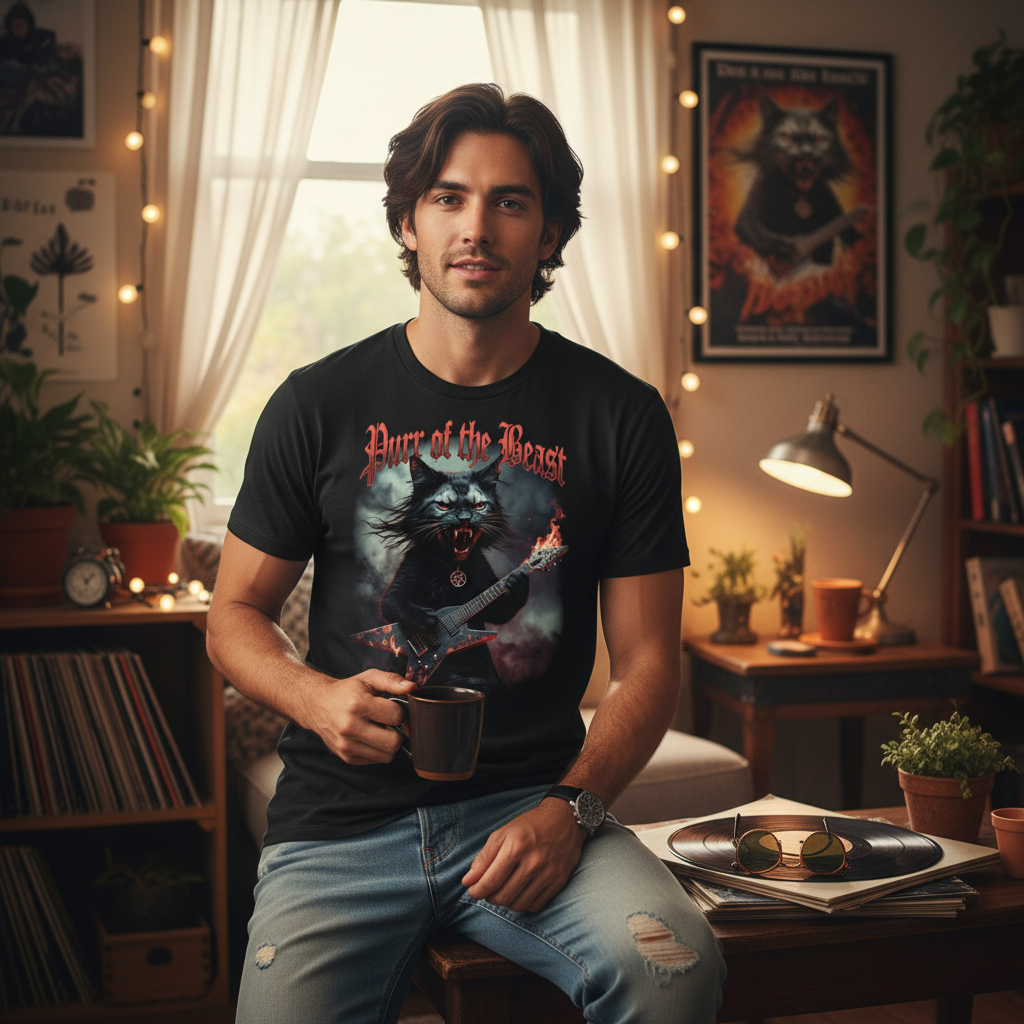 Metal Cat T-Shirt - Flaming Guitar Rocker Tee