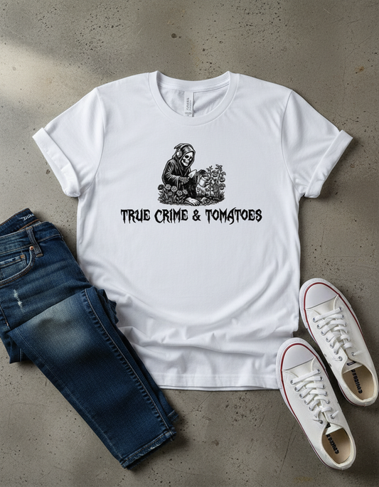 True Crime & Tomatoes Tee - Funny Grim Reaper Gardening Shirt