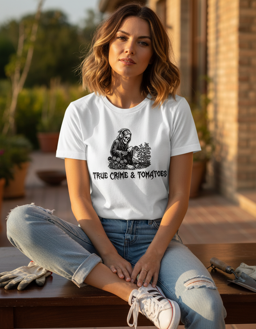 True Crime & Tomatoes Tee - Funny Grim Reaper Gardening Shirt