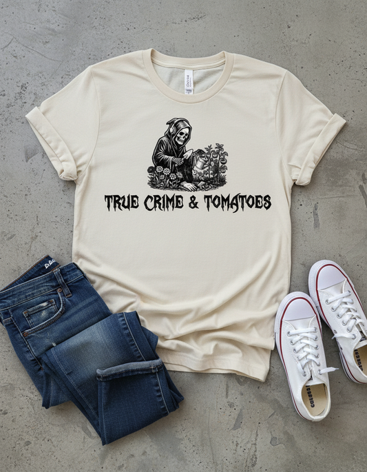 True Crime & Tomatoes Tee - Funny Grim Reaper Gardening Shirt