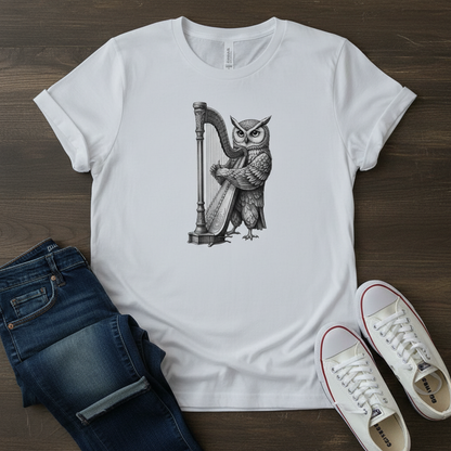 Owl Harpist T-Shirt - Vintage Music Lover Tee