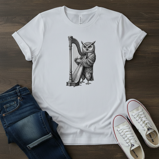 Owl Harpist T-Shirt - Vintage Music Lover Tee
