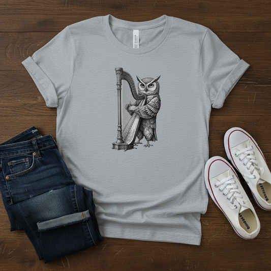 Owl Harpist T-Shirt - Vintage Music Lover Tee