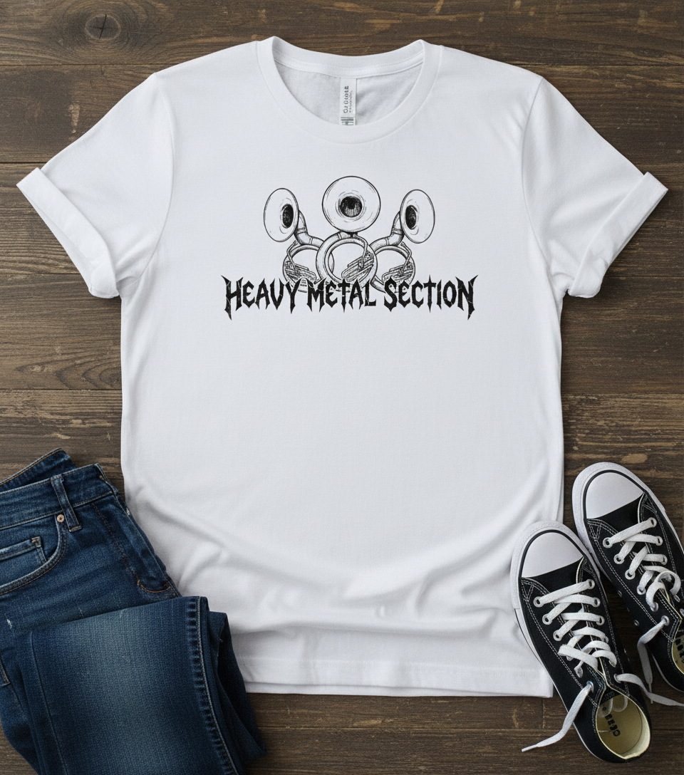 Heavy Metal Section T-shirt featuring a skull blowing a trumpet, perfect for rock music fans.