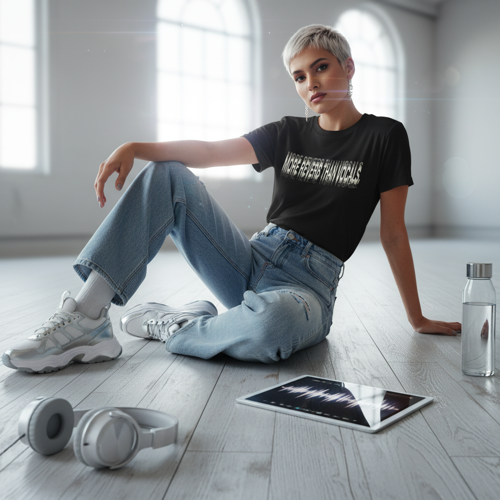 Black t-shirt with the text 'More Reverb Than Vocals' in a stylized, soundwave-inspired design.