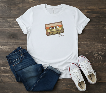 Retro Cassette Tape T-Shirt with colorful vintage graphic. A nostalgic music tee for 80s fans and music lovers.