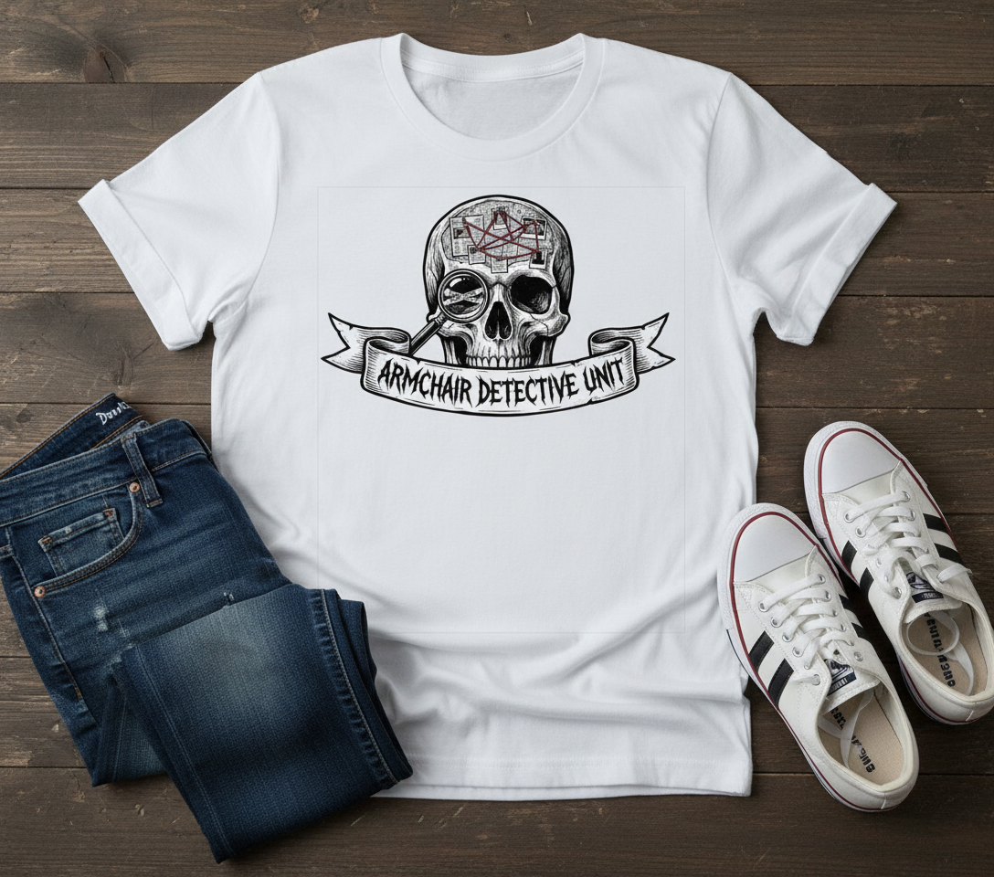 Armchair Detective Skull T-Shirt: Vintage-style graphic of a skull with detective motifs, perfect for mystery fans.
