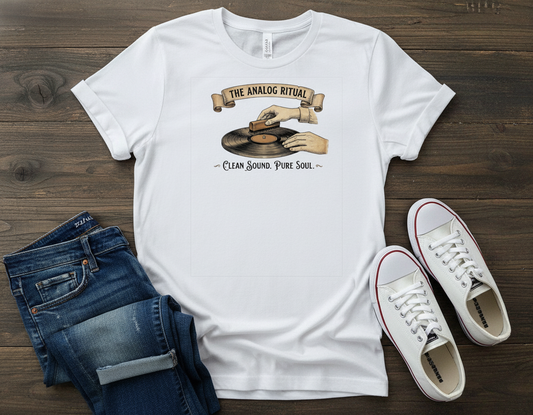 Vintage-style t-shirt with a record player design and the text "The Analog Ritual: Clean Sound, Pure Soul".