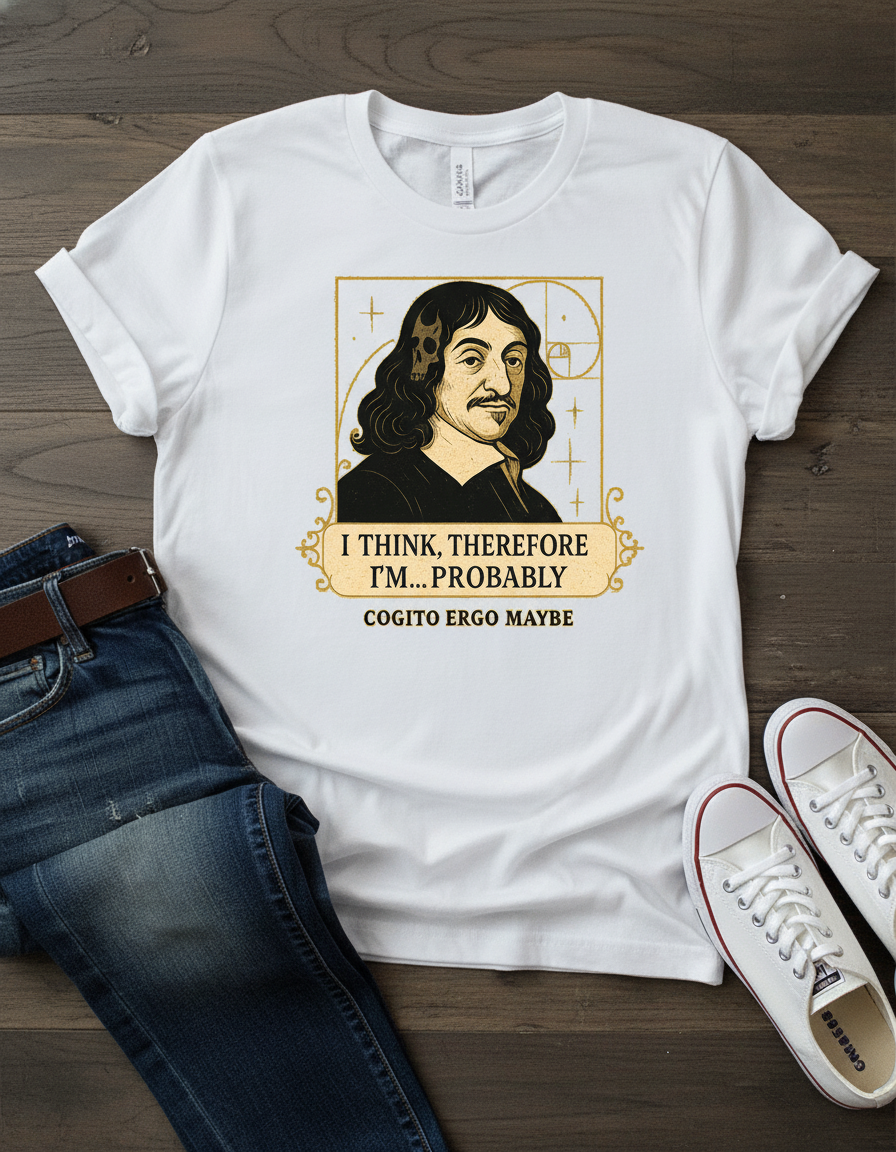Vintage-style t-shirt featuring a portrait of Descartes with the humorous quote: "I think, therefore I’m… probably".