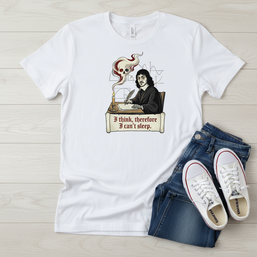I think therefore I can't sleep t-shirt featuring a skull-shaped thought cloud above a contemplative figure.