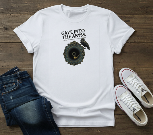 Gaze Into The Abyss Philosopher T-Shirt - a minimalist design featuring an existential quote, perfect for philosophy lovers.