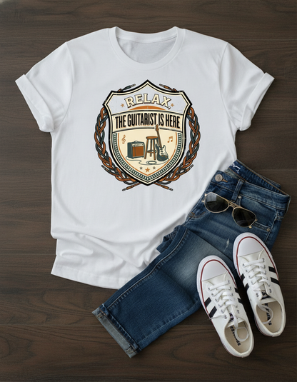 Relax The Guitarist Is Here T-Shirt featuring a vintage-style guitar badge design, perfect for music lovers and guitar players.