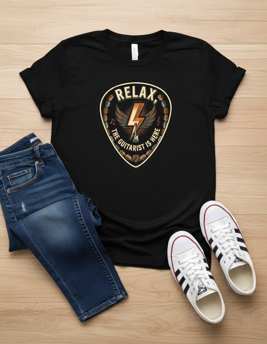 Relax Guitarist T-Shirt: Vintage-style tee with guitar pick patch. Perfect gift for musicians and rock music fans.