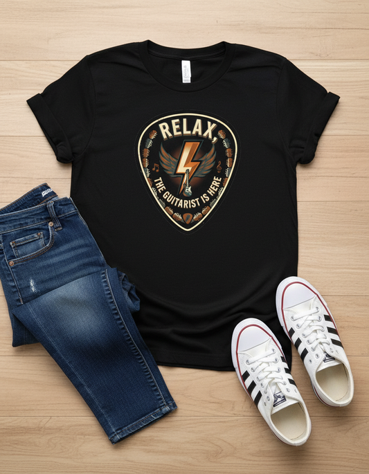 Relax Guitarist T-Shirt: Vintage-style tee with guitar pick patch. Perfect gift for musicians and rock music fans.