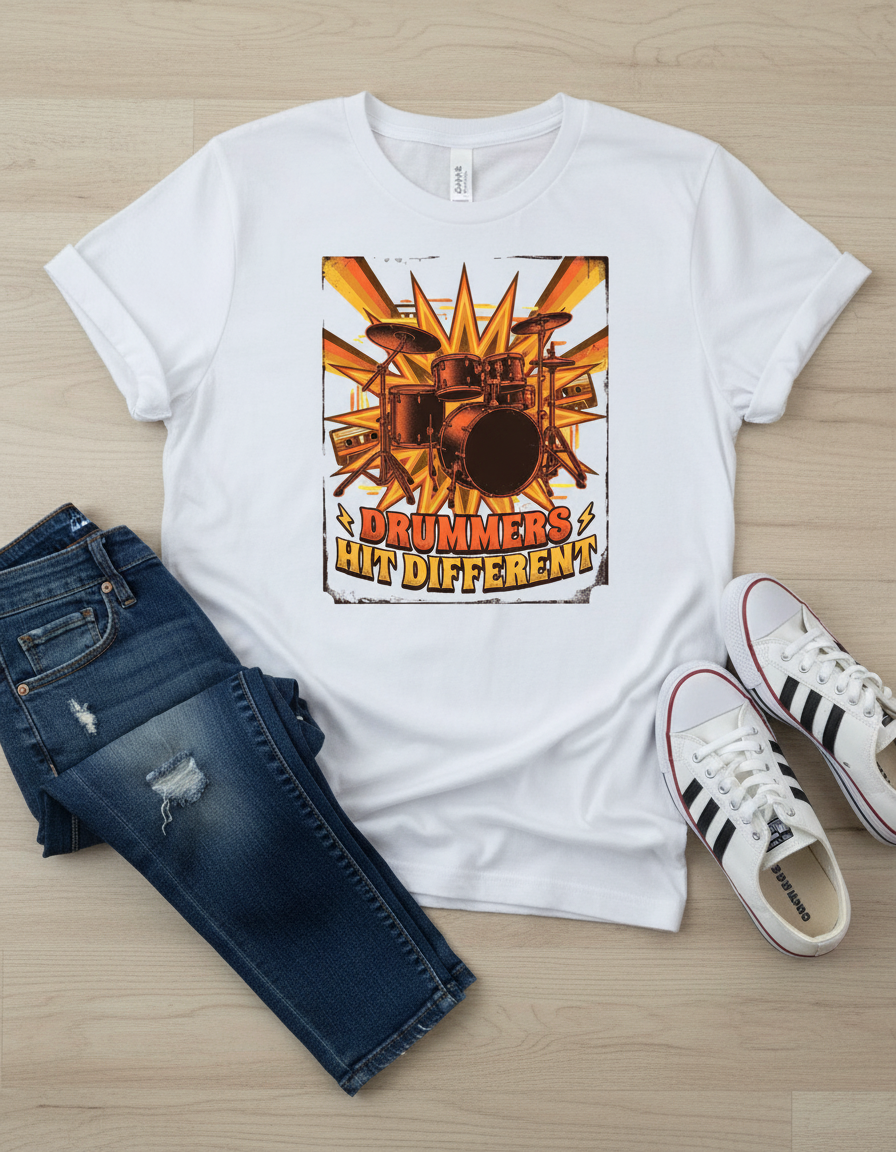 Retro-style drum set graphic t-shirt for drummers and music lovers. "Drummers Hit Different" text above the drums.