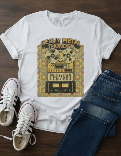 Retro graphic tee with a cassette tape and amplifier design, celebrating heavy metal music.