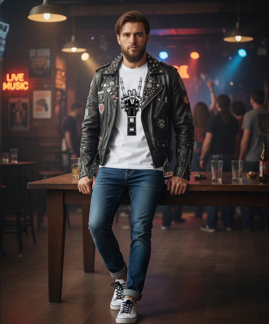 Rock Guitar Headstock Tee — Hand Sign Guitar Neck Graphic T-Shirt