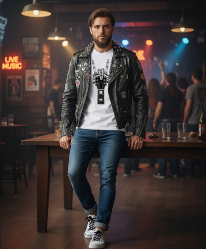 Rock Guitar Headstock Tee — Hand Sign Guitar Neck Graphic T-Shirt