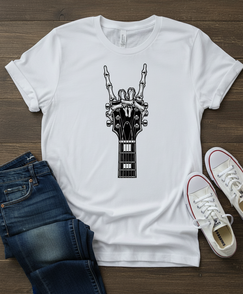Rock Guitar Headstock Tee — Hand Sign Guitar Neck Graphic T-Shirt