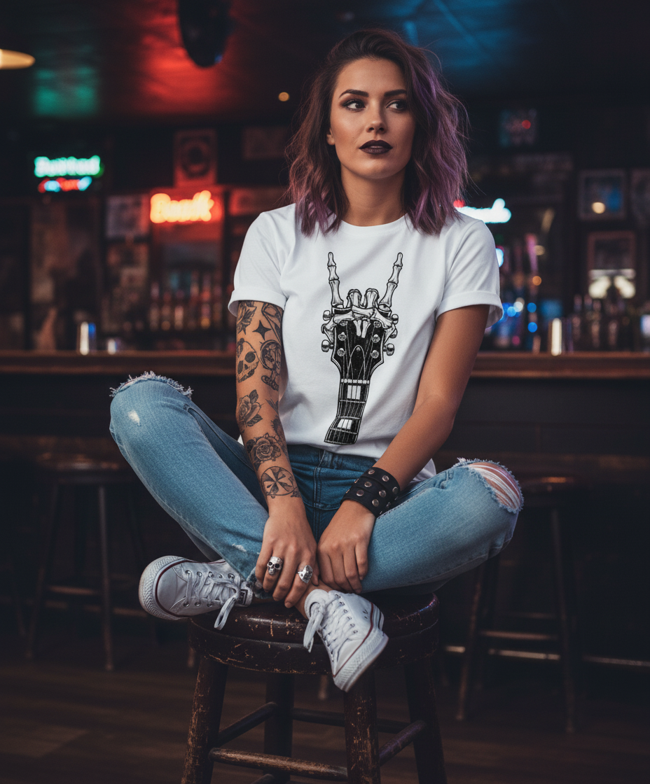 Rock Guitar Headstock Tee — Hand Sign Guitar Neck Graphic T-Shirt