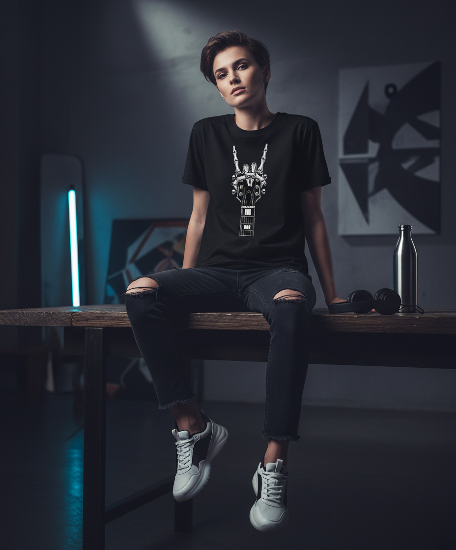 Rock Guitar Headstock Tee — Hand Sign Guitar Neck Graphic T-Shirt