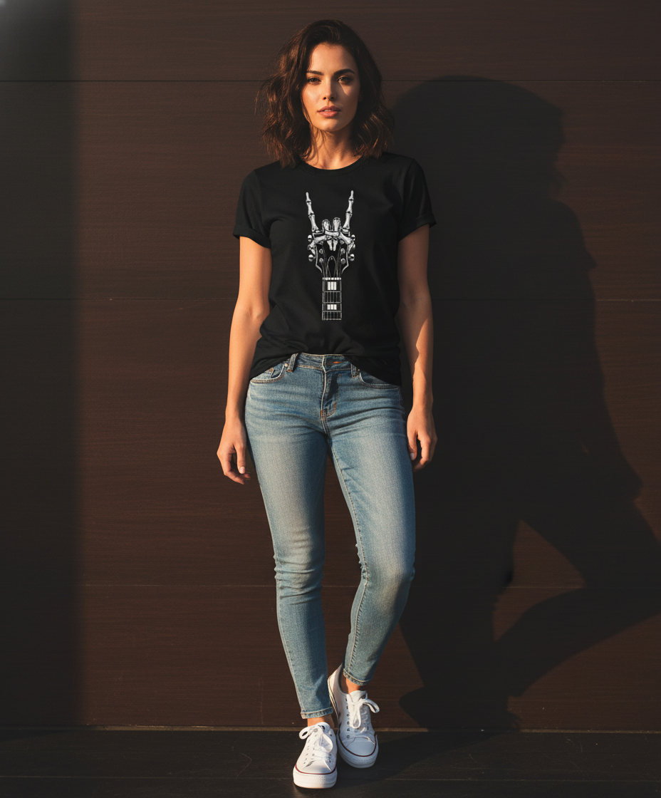 Rock Guitar Headstock Tee — Hand Sign Guitar Neck Graphic T-Shirt