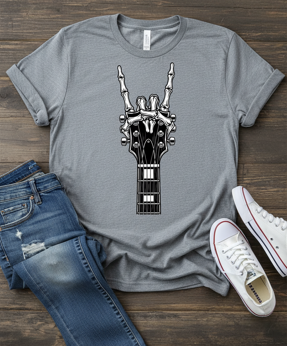 Rock Guitar Headstock Tee — Hand Sign Guitar Neck Graphic T-Shirt