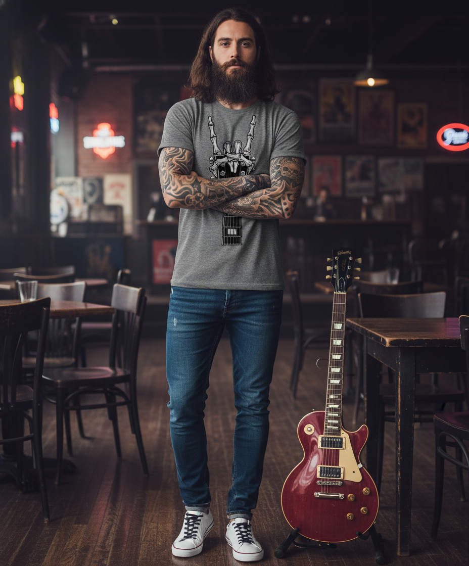 Rock Guitar Headstock Tee — Hand Sign Guitar Neck Graphic T-Shirt