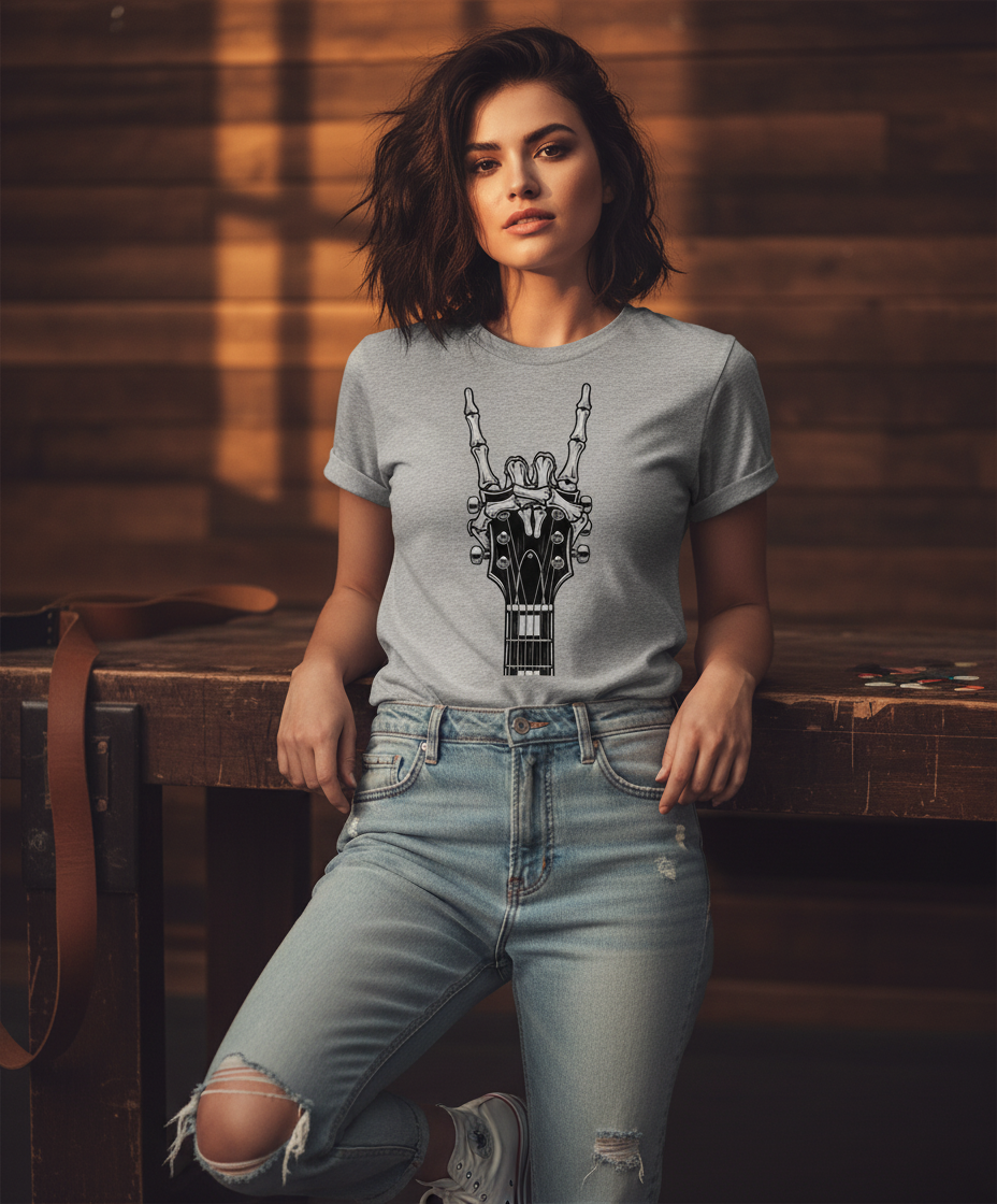 Rock Guitar Headstock Tee — Hand Sign Guitar Neck Graphic T-Shirt