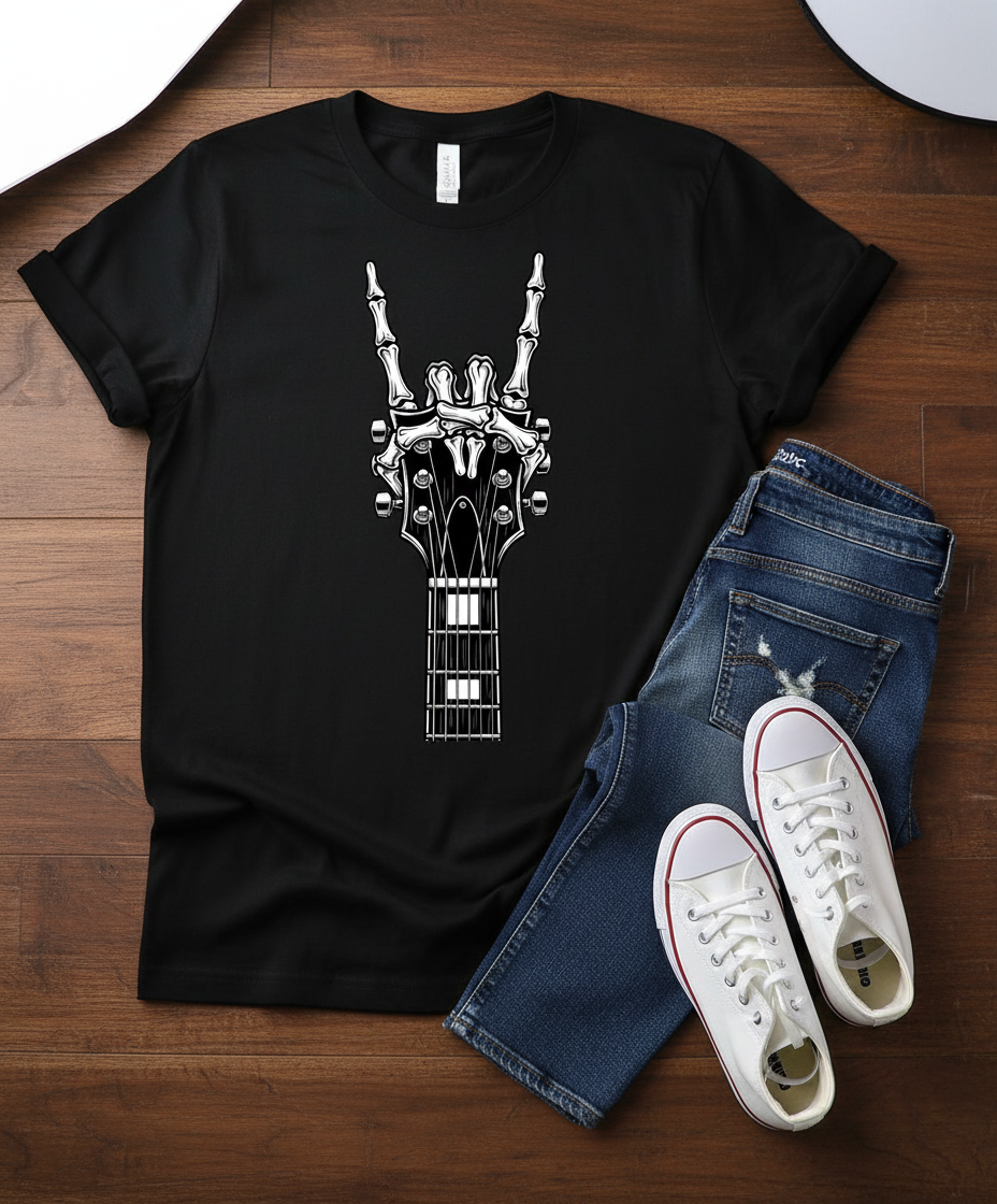 Rock Guitar Headstock Tee — Hand Sign Guitar Neck Graphic T-Shirt
