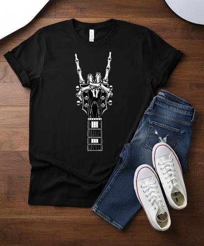 Rock Guitar Headstock Tee — Hand Sign Guitar Neck Graphic T-Shirt