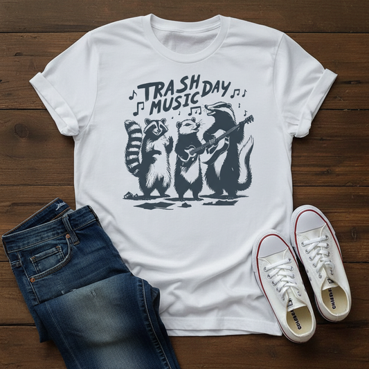 Raccoon playing guitar t-shirt design with "Trash Music Day" text, perfect for music lovers and quirky style.