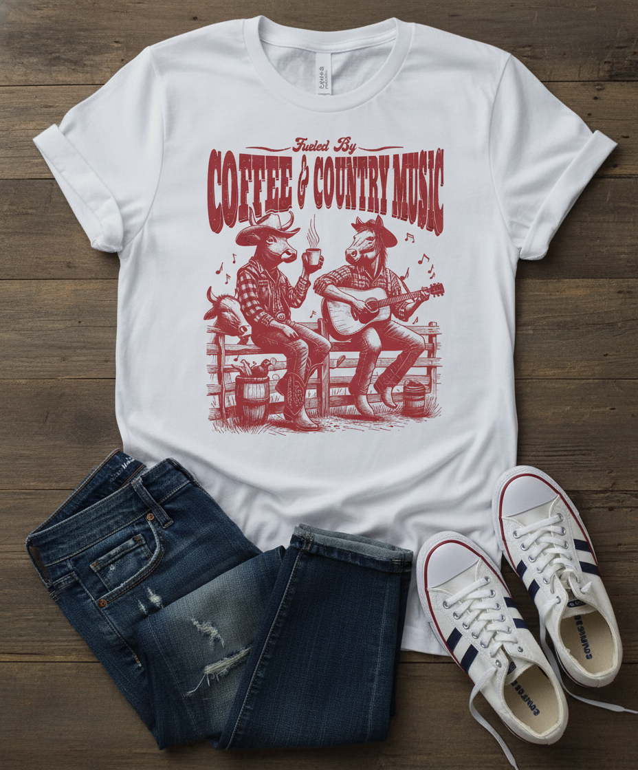 Vintage-style t-shirt featuring a guitar and coffee design, perfect for country music and coffee lovers.