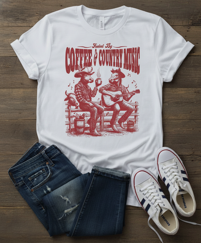 Vintage-style t-shirt featuring a guitar and coffee design, perfect for country music and coffee lovers.