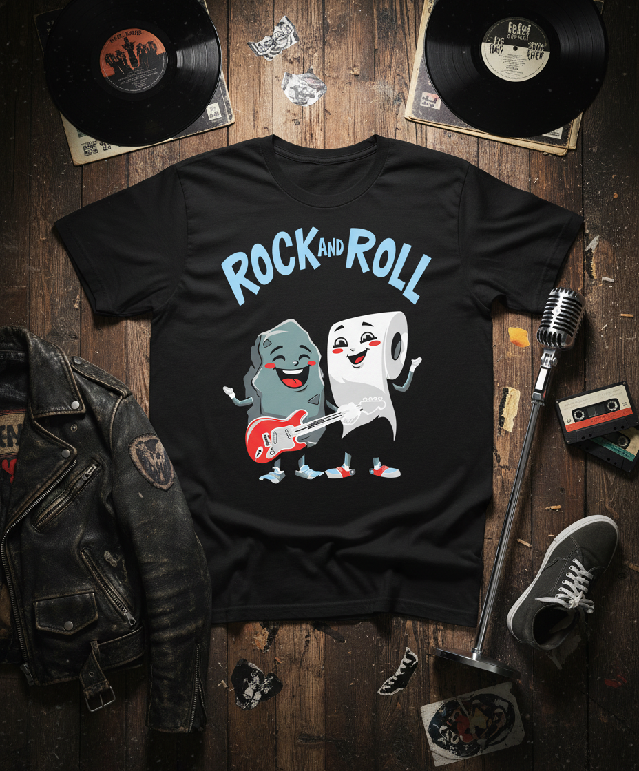 Funny rock and roll t-shirt with a humorous design, perfect for music lovers and anyone with a great sense of humor.