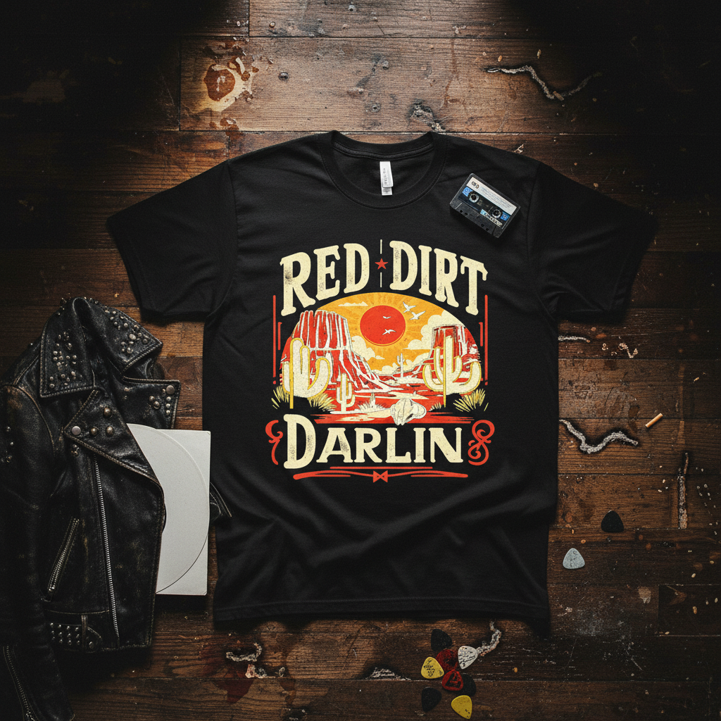 Red Dirt Darlin' T-Shirt featuring embroidered design, representing Southern charm and rustic beauty.