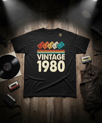 Vintage 1980 Mixtape T-shirt with a retro cassette tape design on a crew neck tee. Great gift for music lovers.