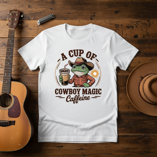 Cowboy Frog Coffee T‑Shirt – "A Cup of Cowboy Magic Caffeine" Casual Tee