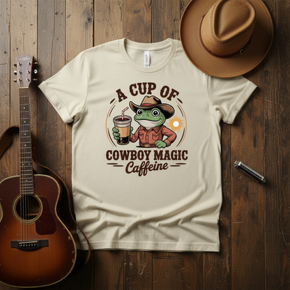 Cowboy Frog Coffee T‑Shirt – "A Cup of Cowboy Magic Caffeine" Casual Tee