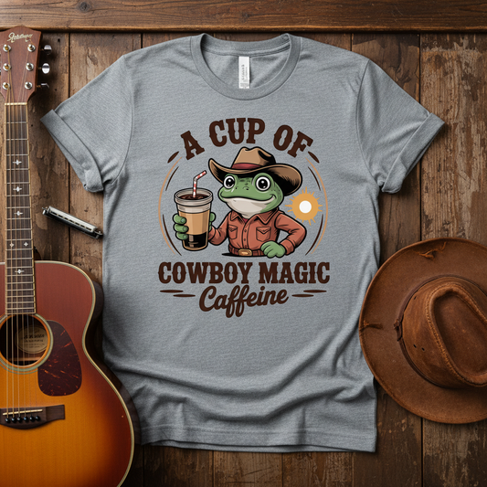 Cowboy Frog Coffee T‑Shirt – "A Cup of Cowboy Magic Caffeine" Casual Tee