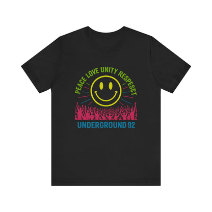 90s Rave Smiley Graphic Tee - Peace Love Unity Respect